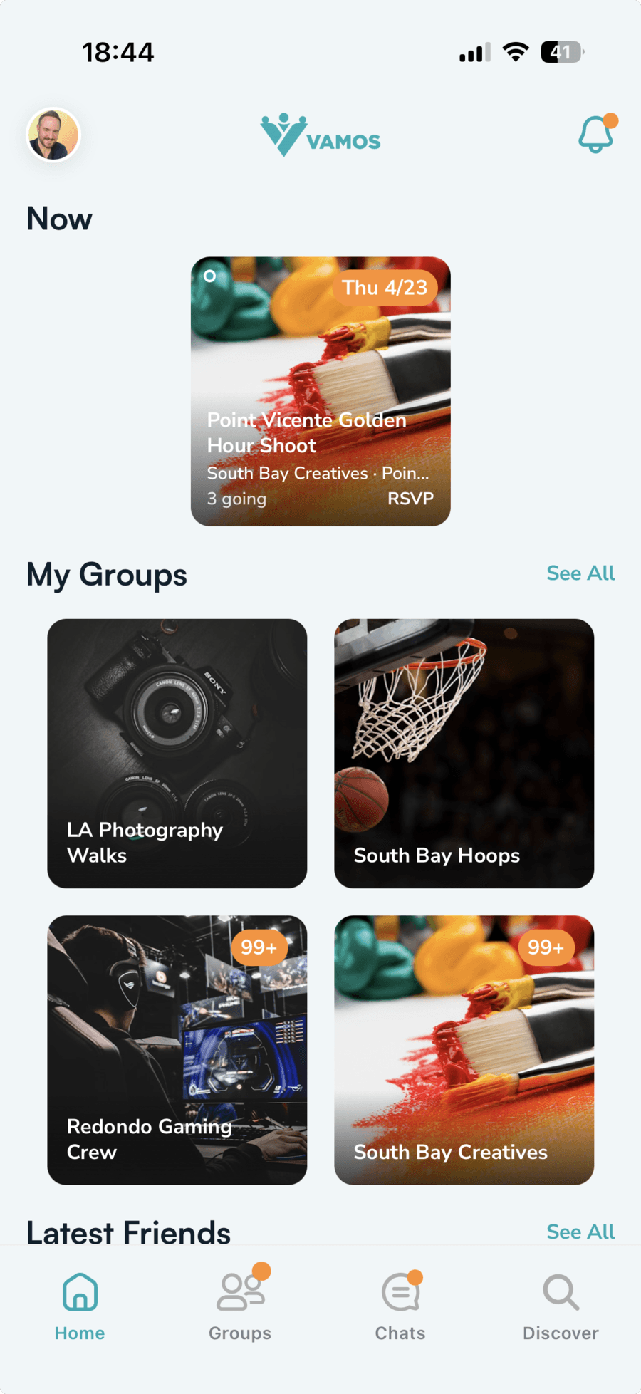 Vamos home screen showing your groups and activity feed