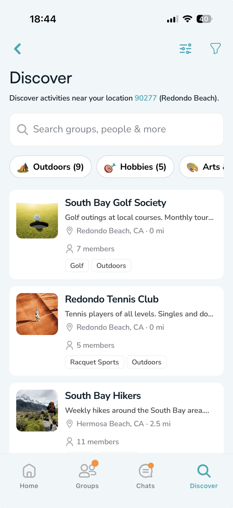 Discover screen showing a list of local interest groups
