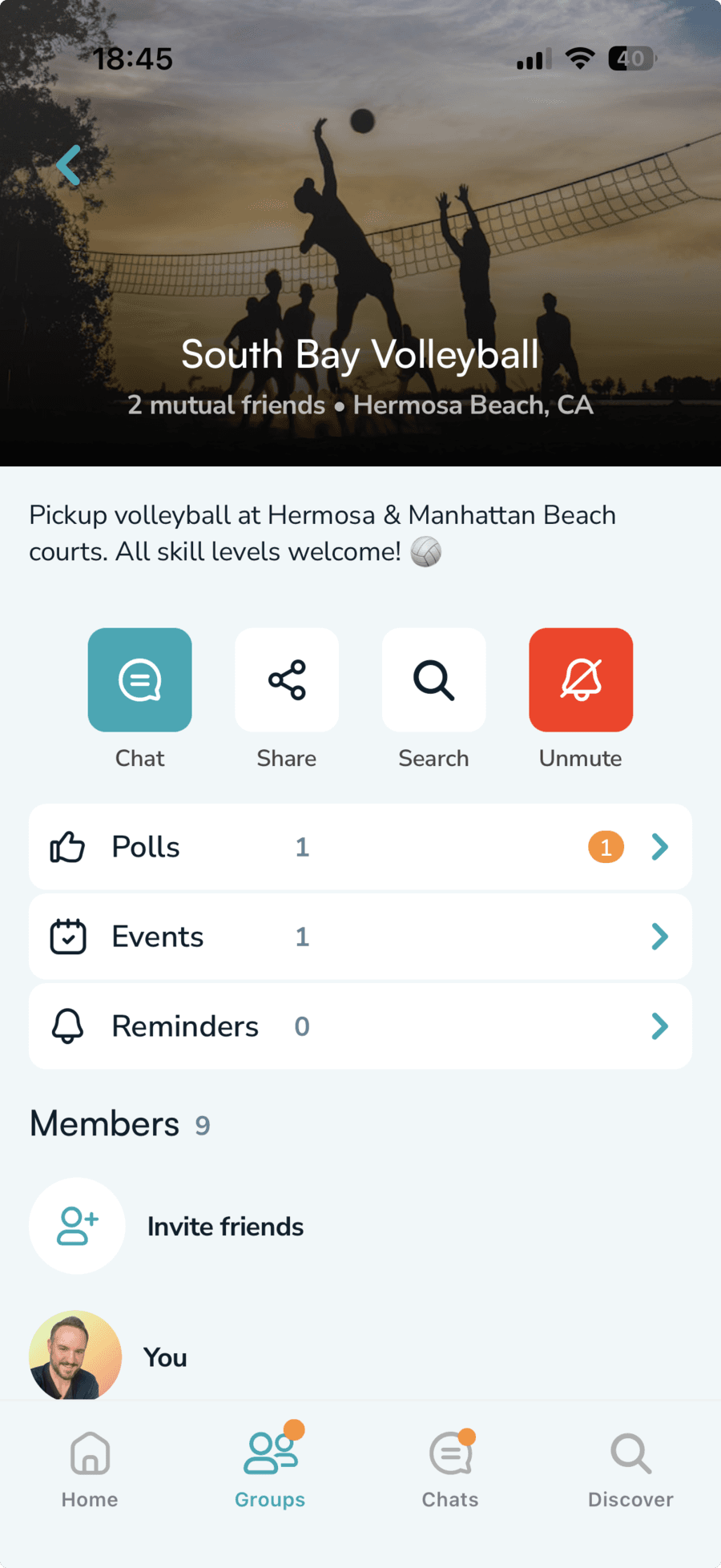 Group detail page showing channels, description, and members