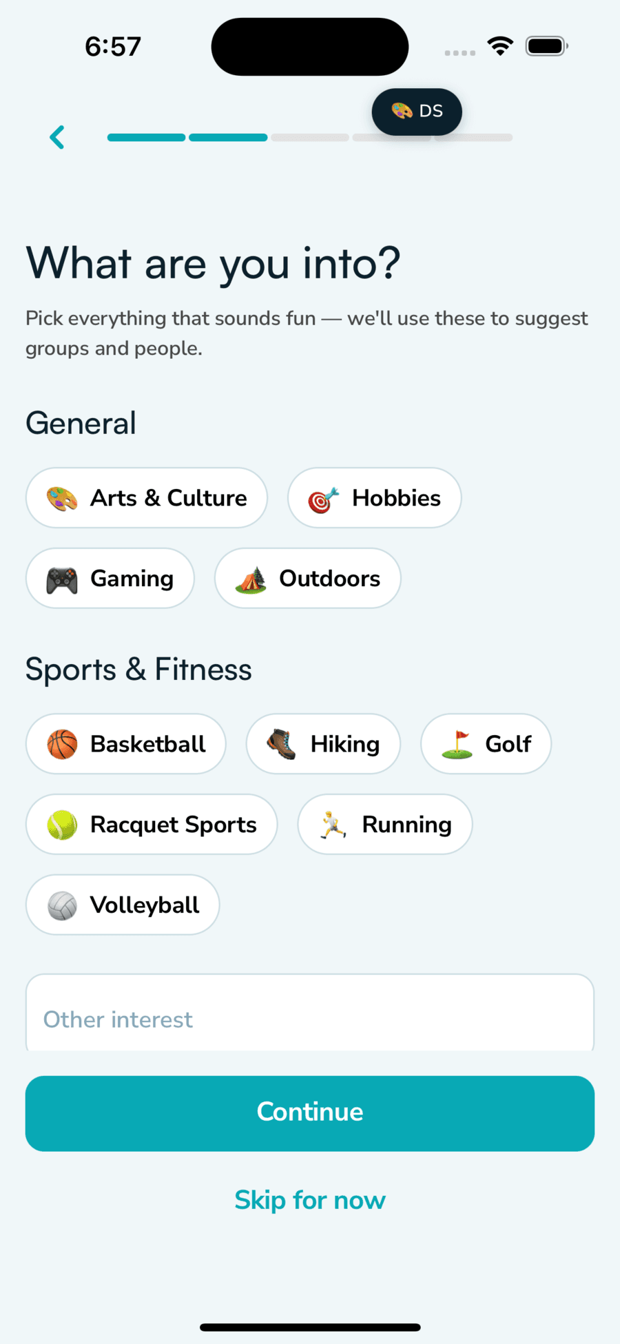 Interest selection screen during onboarding